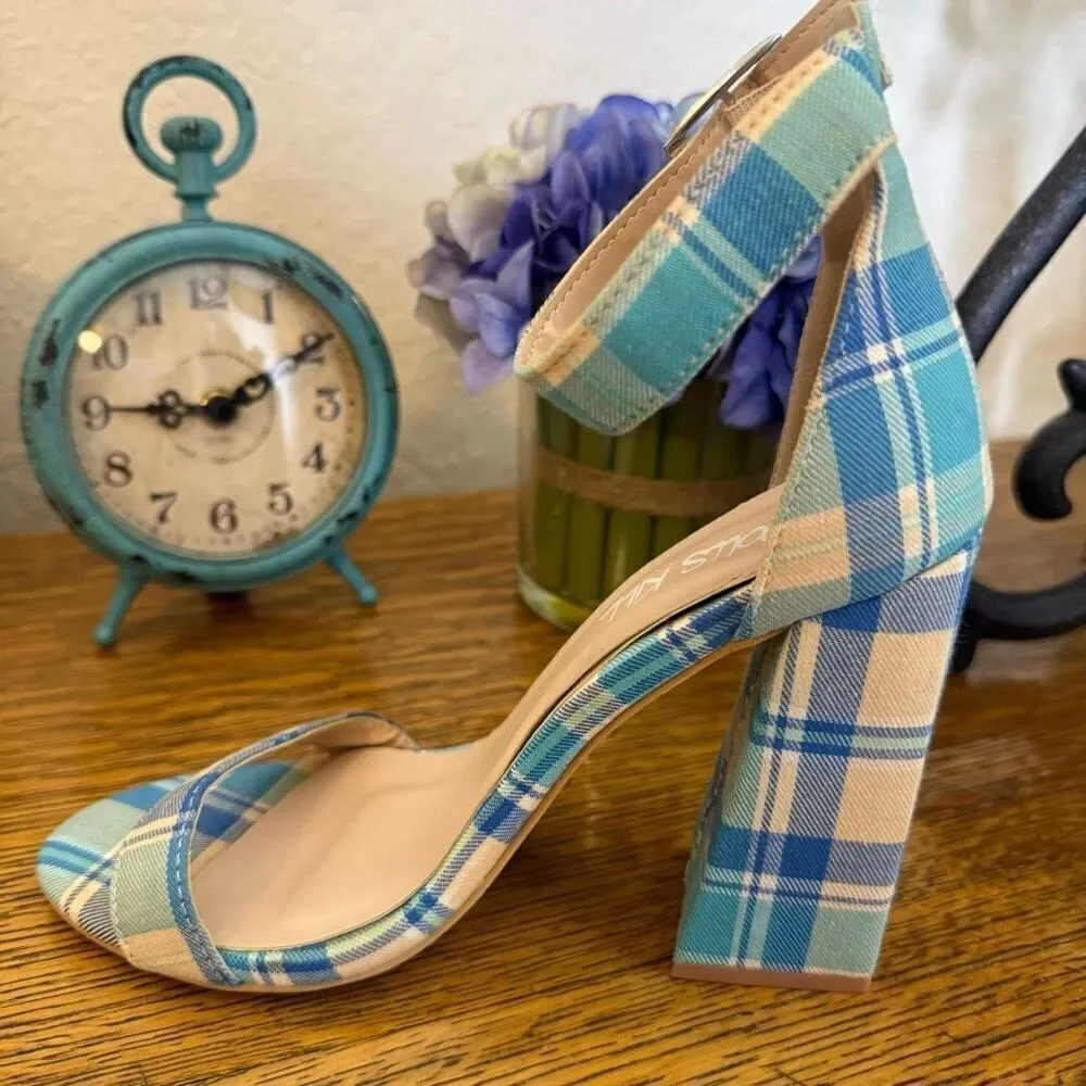 Dolls Kill Mojito Just Flawless Blue & Yellow Plaid Block Heel Sandals Sz 5/6